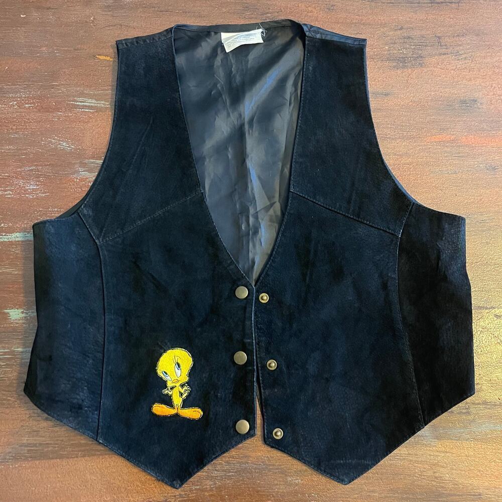 Looney Tunes Y2K 1996 Genuine Leather Tweety Bird Black Vest M/L
